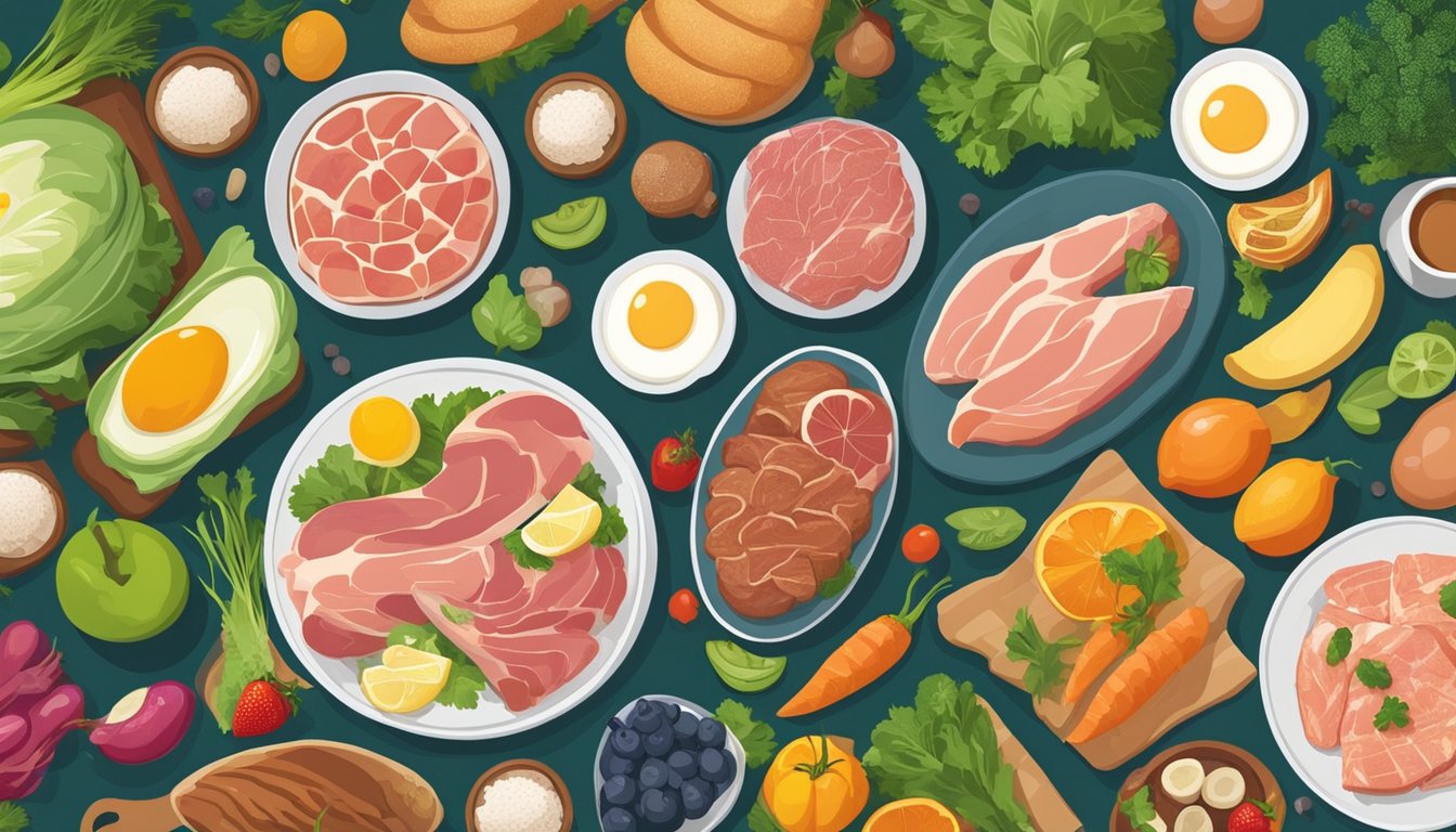 A pregnant woman's dining table with an assortment of fresh meats, fish, and eggs, surrounded by colorful fruits and vegetables