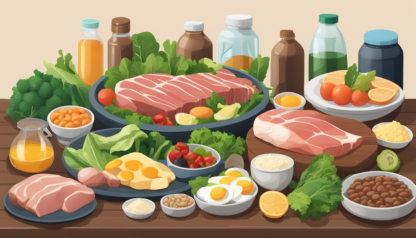 A table filled with various nutrient-rich foods like meat, fish, eggs, and leafy greens, along with bottles of supplements and vitamins