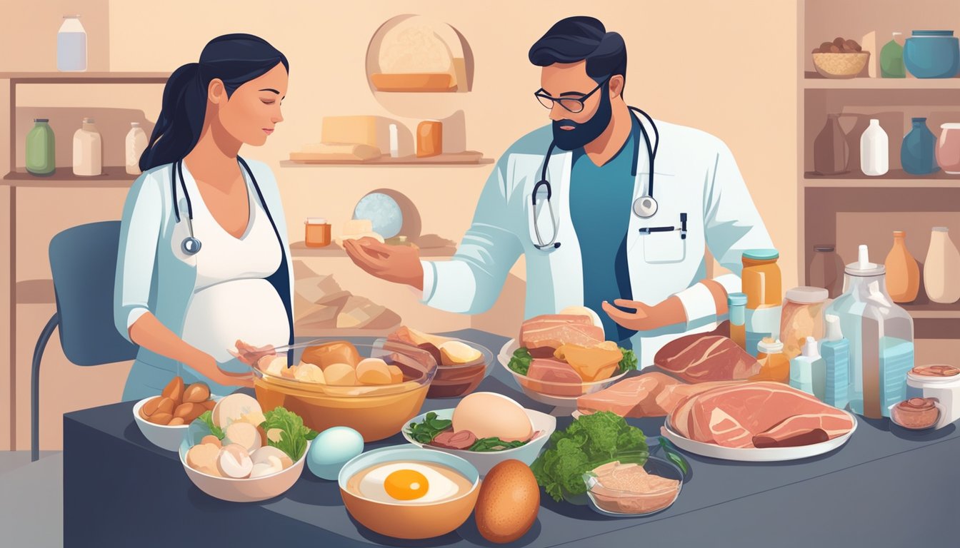 A pregnant woman's belly surrounded by various meats, eggs, and dairy products, with a doctor and nutritionist discussing potential benefits and risks