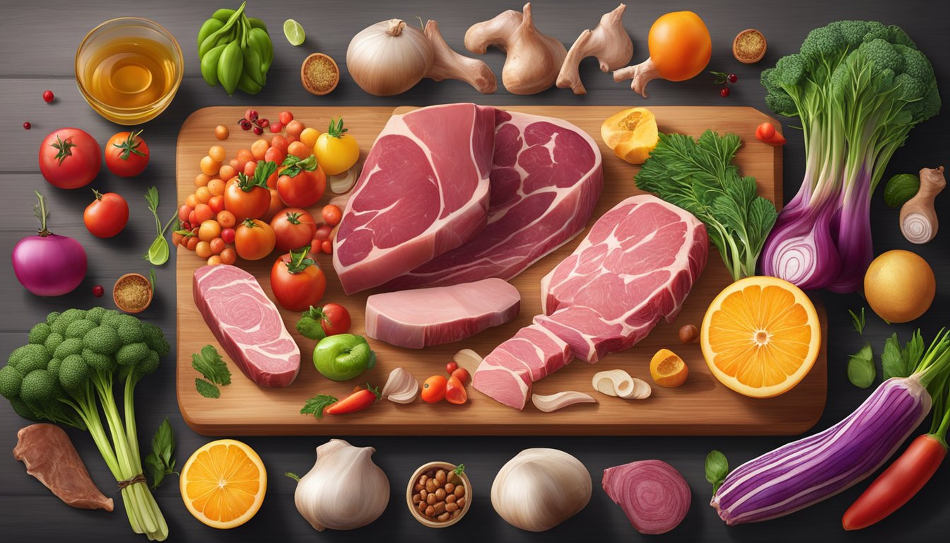 A variety of fresh, raw meats, organs, and bone marrow arranged on a wooden cutting board, surrounded by vibrant, colorful vegetables and fruits