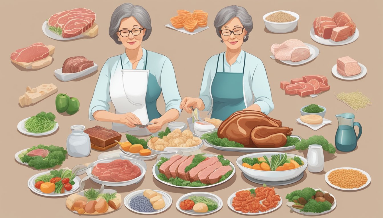 A postmenopausal woman preparing and eating a plate of meat and animal products, surrounded by images of healthy digestive and metabolic systems