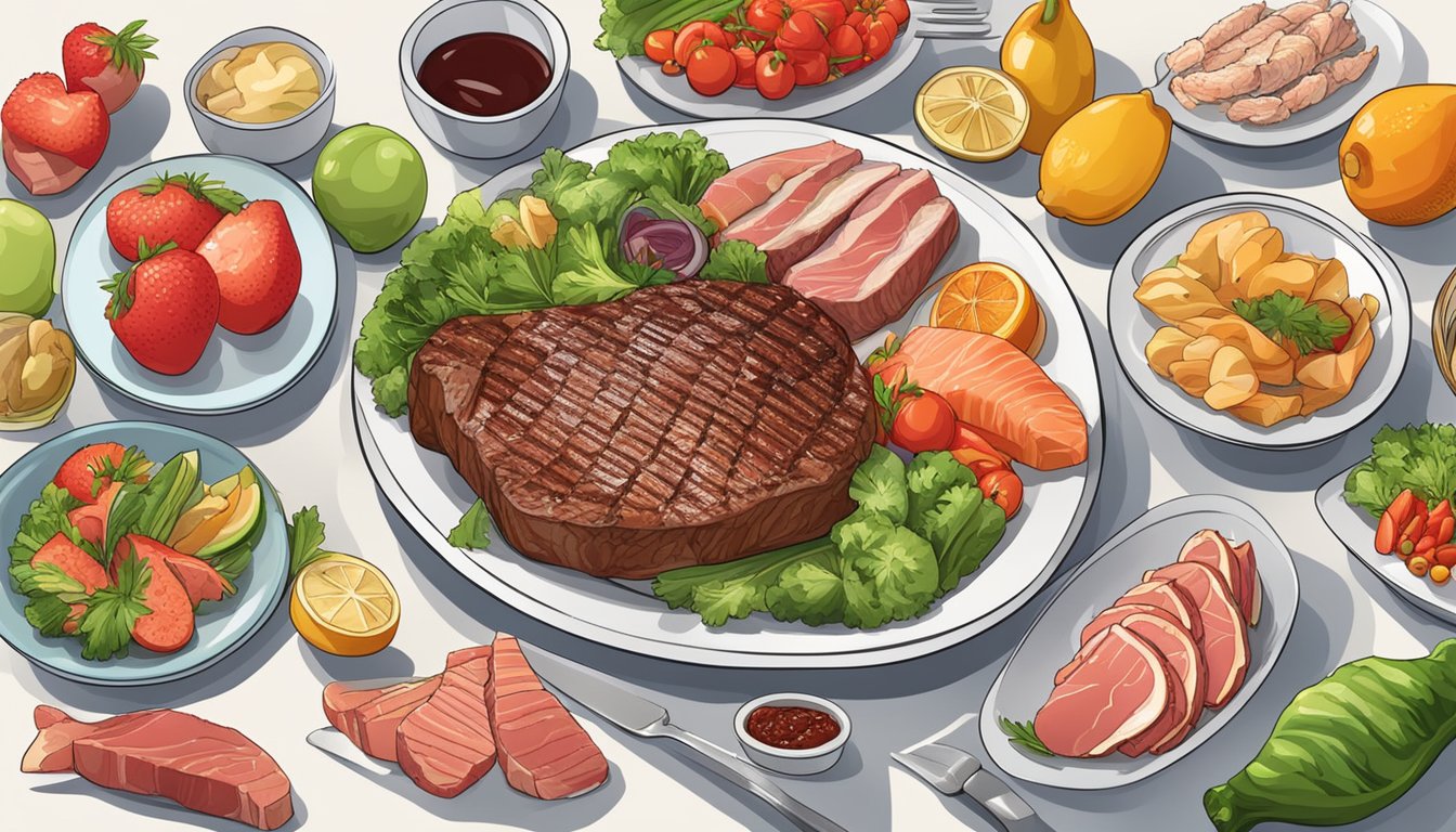 A plate with a variety of meats such as steak, chicken, and fish, surrounded by fresh vegetables and fruits