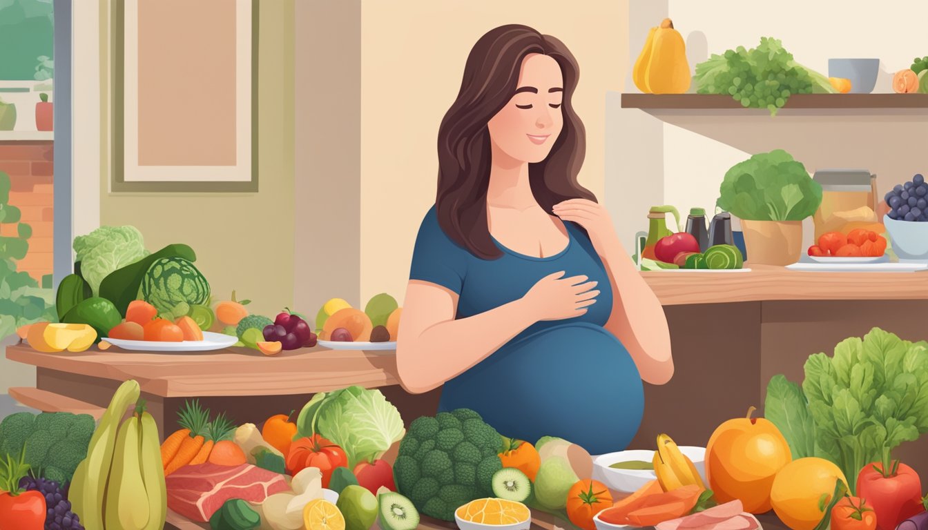 A pregnant woman sitting at a table, surrounded by a variety of fresh fruits, vegetables, and lean meats, while consulting with a nutritionist