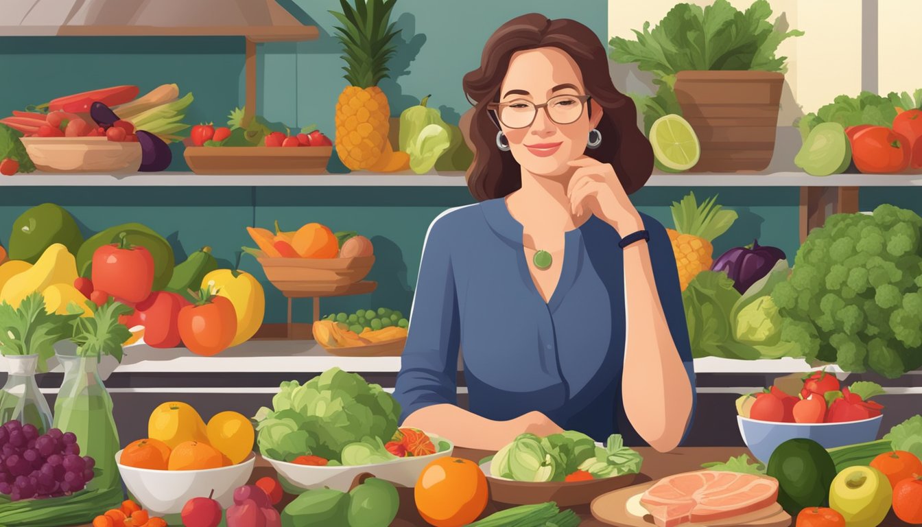 A postmenopausal woman sitting at a table surrounded by a variety of fresh fruits, vegetables, and lean meats, with a peaceful and content expression on her face