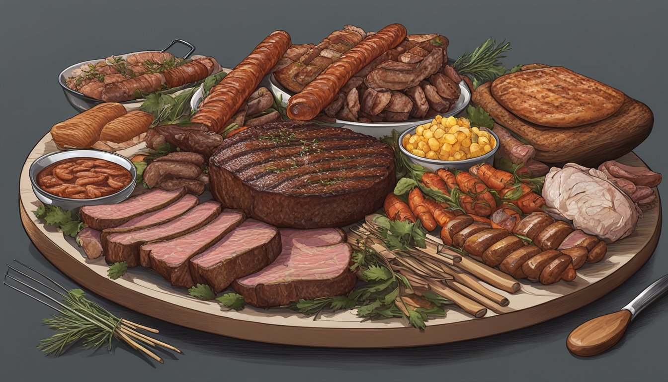 A plate piled high with various meats, including steaks, ribs, and sausages, surrounded by hunting gear and a security uniform