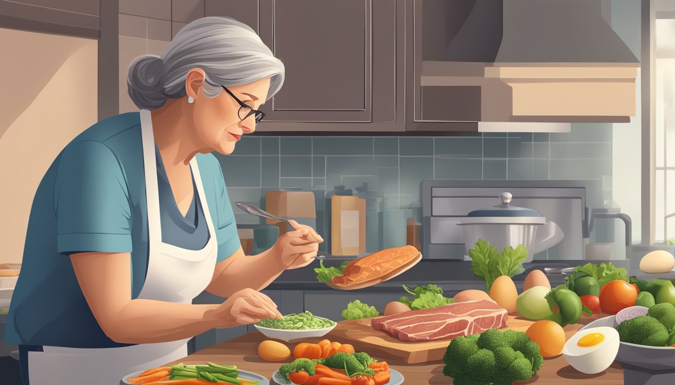 A postmenopausal woman preparing a meal with a variety of carnivorous foods such as meat, fish, and eggs, while consulting with a nutritionist