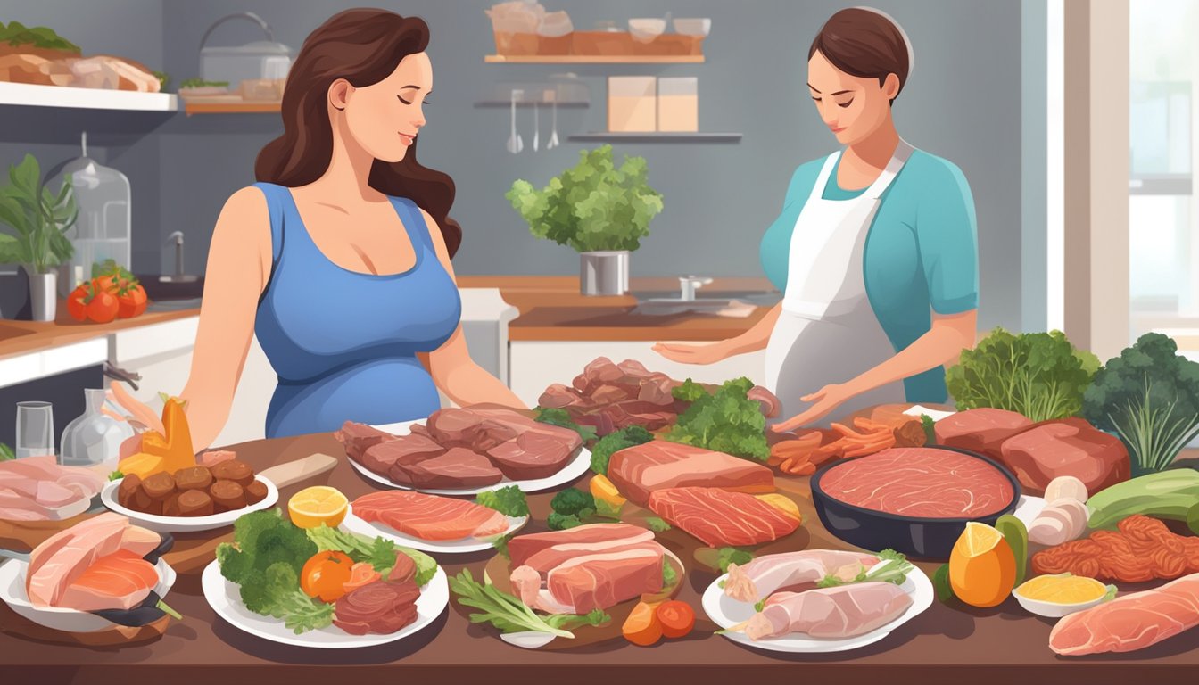 A pregnant woman surrounded by various types of meat and fish, with a nutritionist giving a presentation on the benefits of the carnivore diet