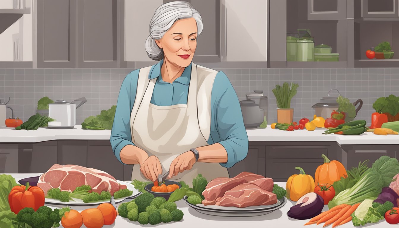 A postmenopausal woman preparing a meal with a variety of fresh meats and vegetables, emphasizing the carnivore diet for women's dietary health