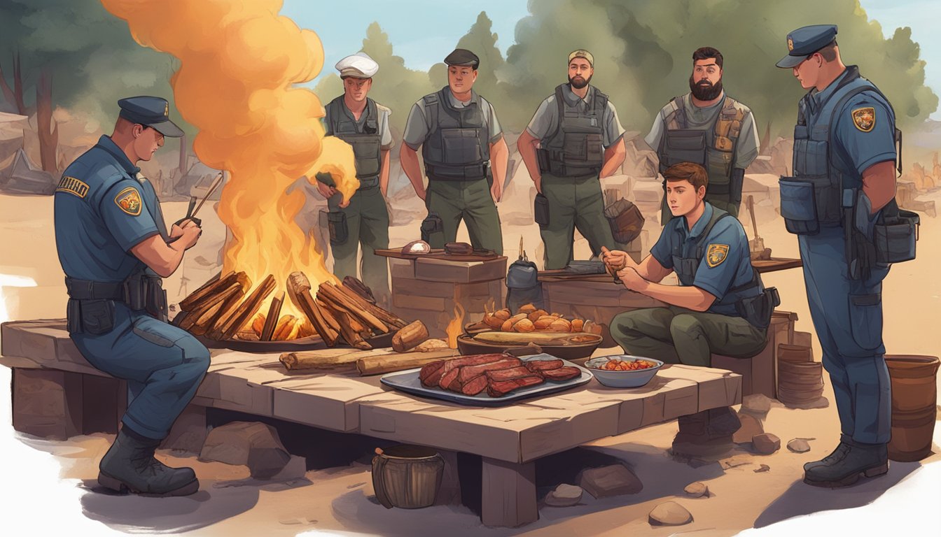 A group of security personnel gather around a campfire, grilling meat over the flames. Nearby, a variety of fresh animal products and nutrient-rich foods are laid out on a makeshift table