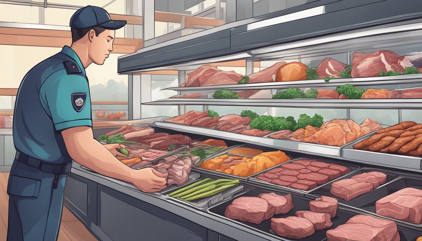 A security personnel carefully selecting and preparing a variety of meat and animal products for their carnivore diet