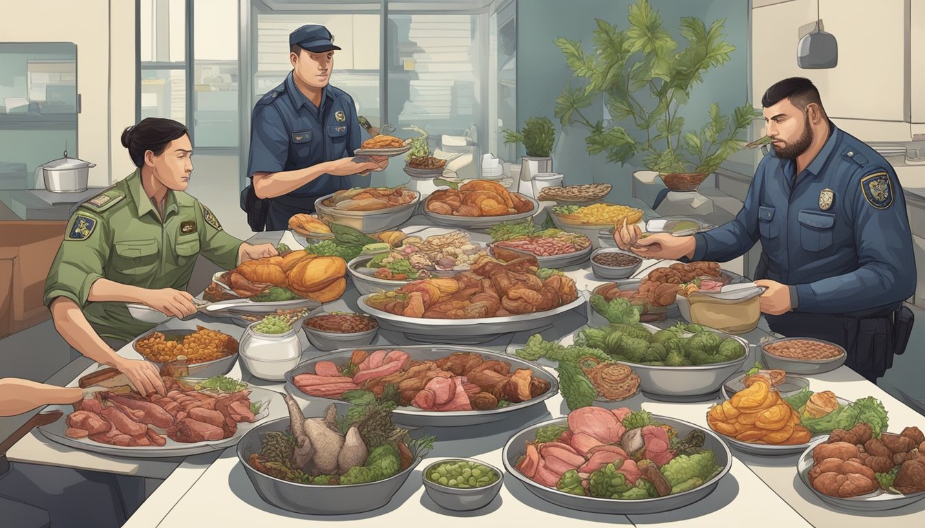 A security personnel eating a meal of meat and animal products, surrounded by a variety of carnivorous foods