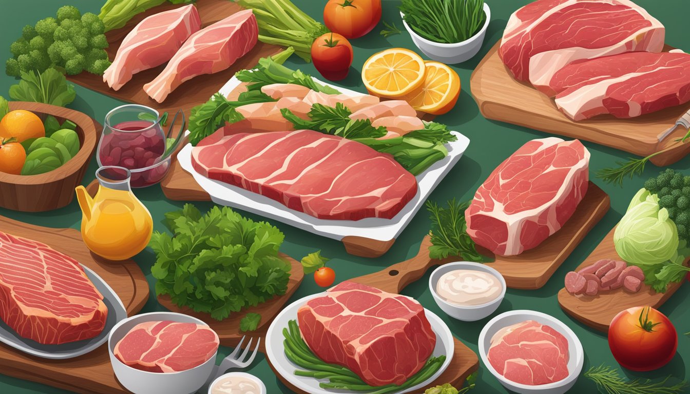 A table set with a variety of raw meats, including steak, chicken, and fish, surrounded by vibrant green vegetables and fruits