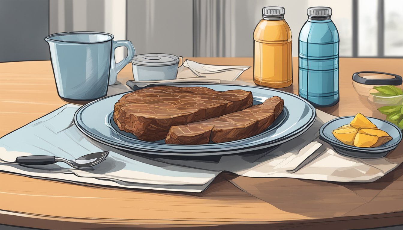 A security personnel's meal: a plate of meat and water bottle on a table