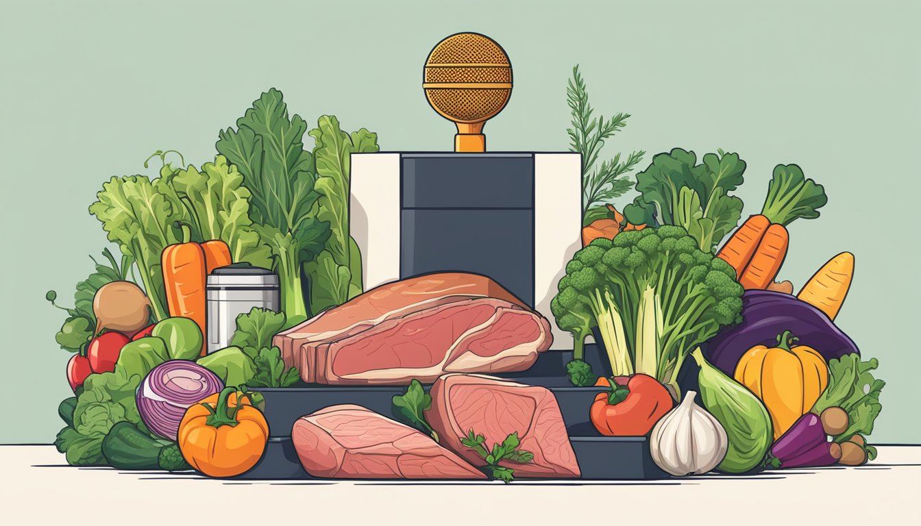 A podium with a microphone surrounded by a variety of fresh meat and vegetables, emphasizing the benefits of the carnivore diet for public speakers