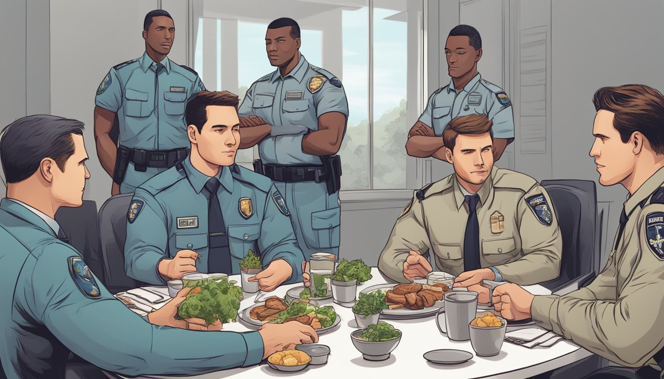 A group of security personnel gathered around a table, discussing the carnivore diet while sharing their personal experiences and opinions