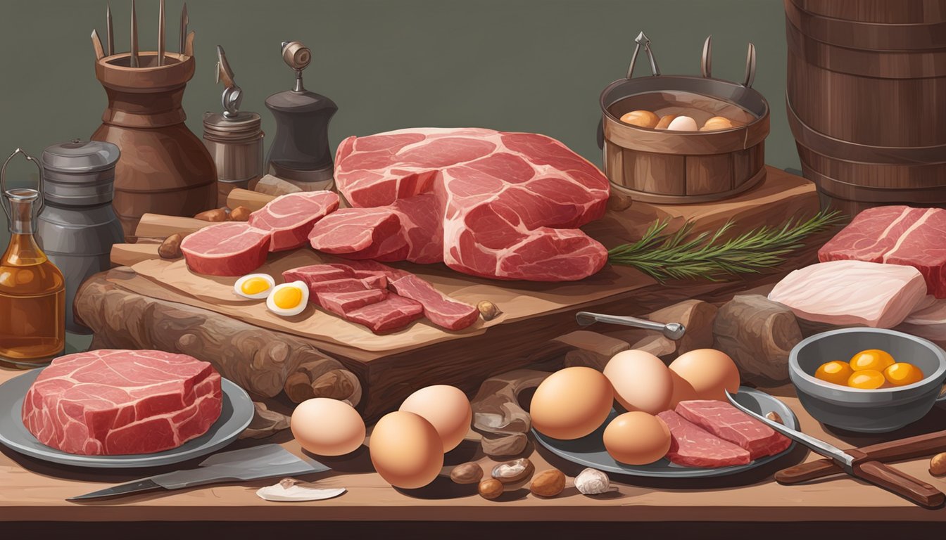 A table with raw meat, eggs, and organ meats, surrounded by hunting gear and weapons