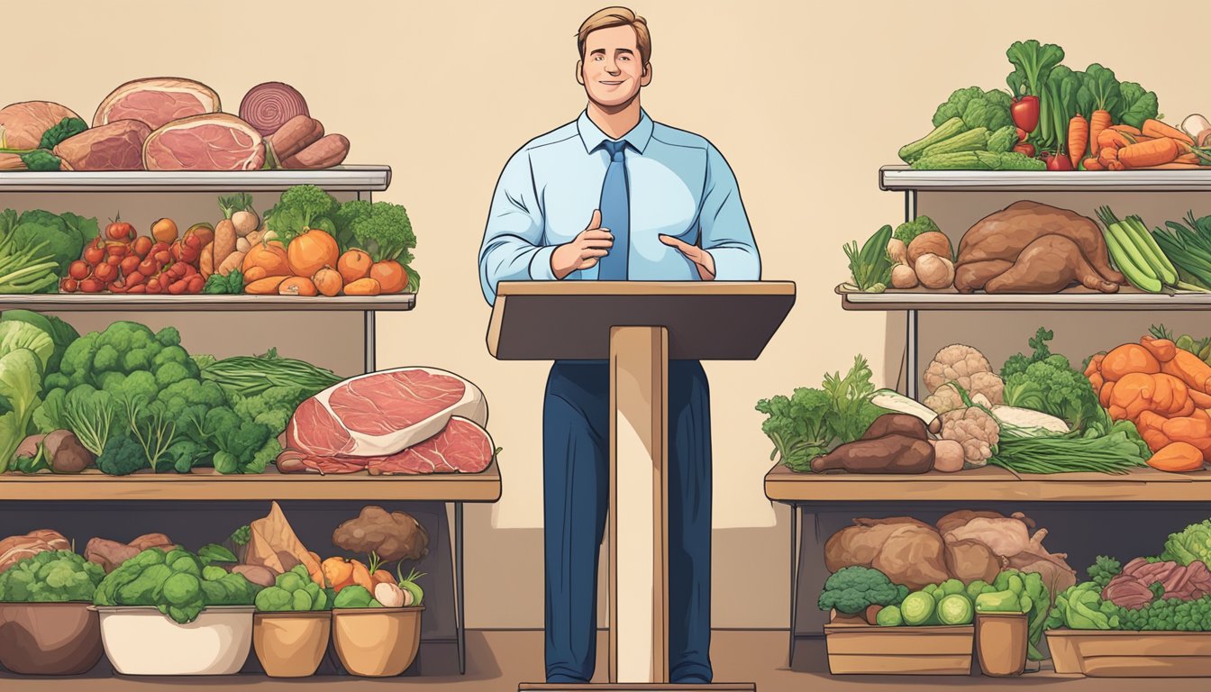 A public speaker stands confidently on stage, surrounded by a variety of fresh meats and vegetables, symbolizing the health implications of the carnivore diet