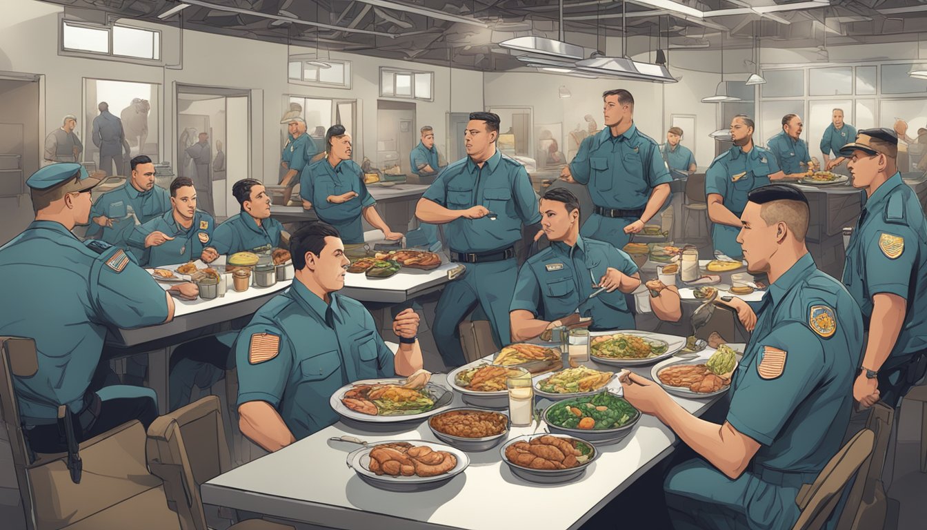 A group of security personnel enjoying a variety of carnivore diet meals, including meat, fish, and eggs, in a mess hall setting