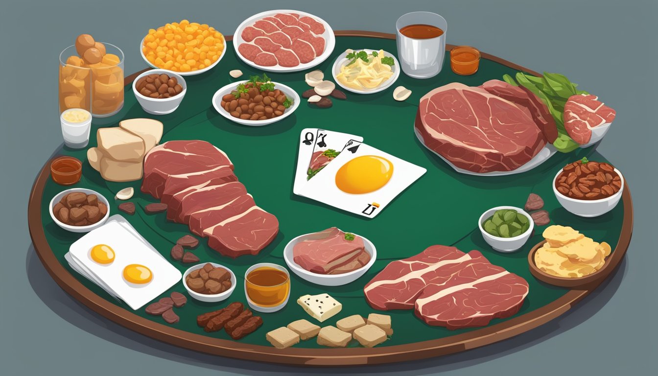 A poker table surrounded by various meats and animal products, with a focus on high-protein options like steak and eggs