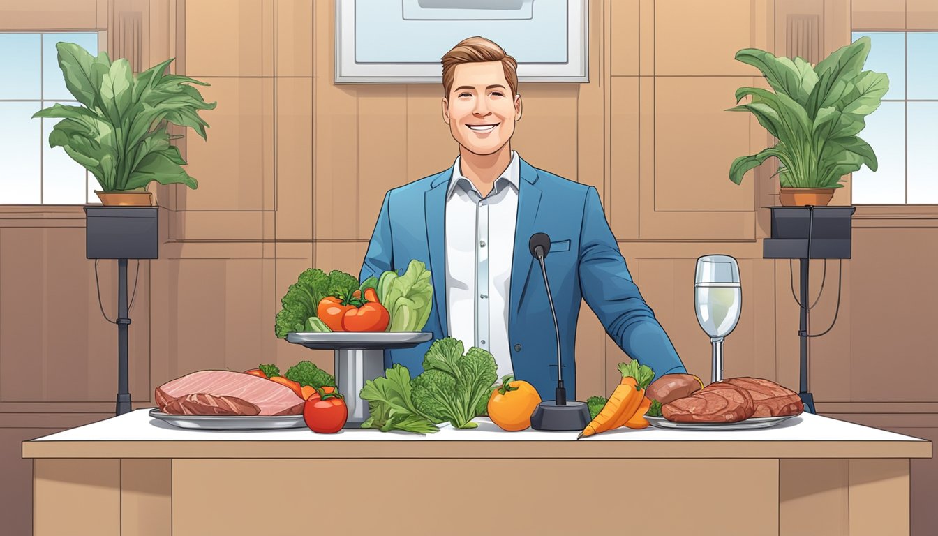 A podium with a plate of meat and vegetables, a glass of water, and a microphone