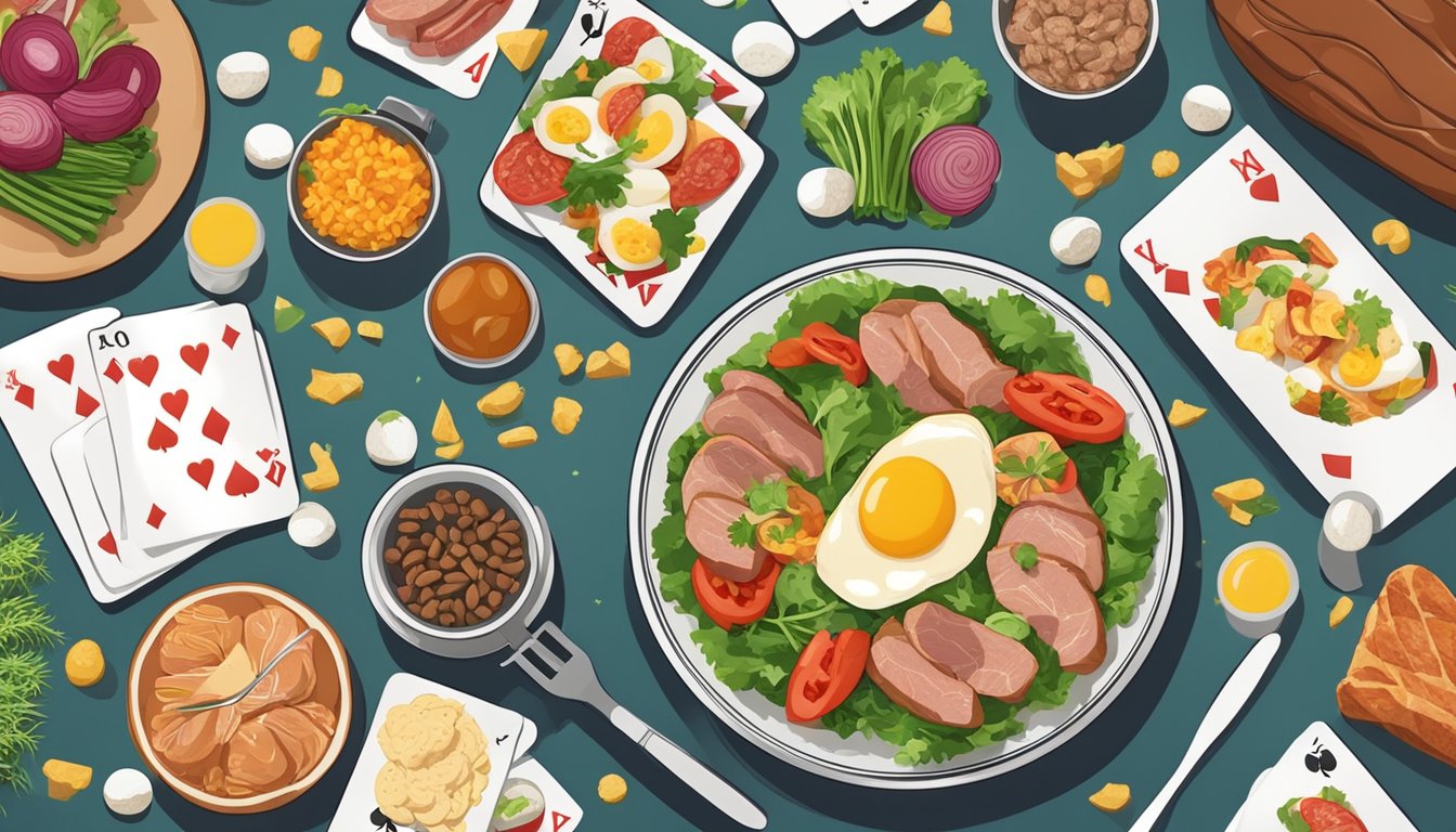 A plate with a variety of meats, eggs, and low-carb vegetables, surrounded by playing cards and poker chips on a table