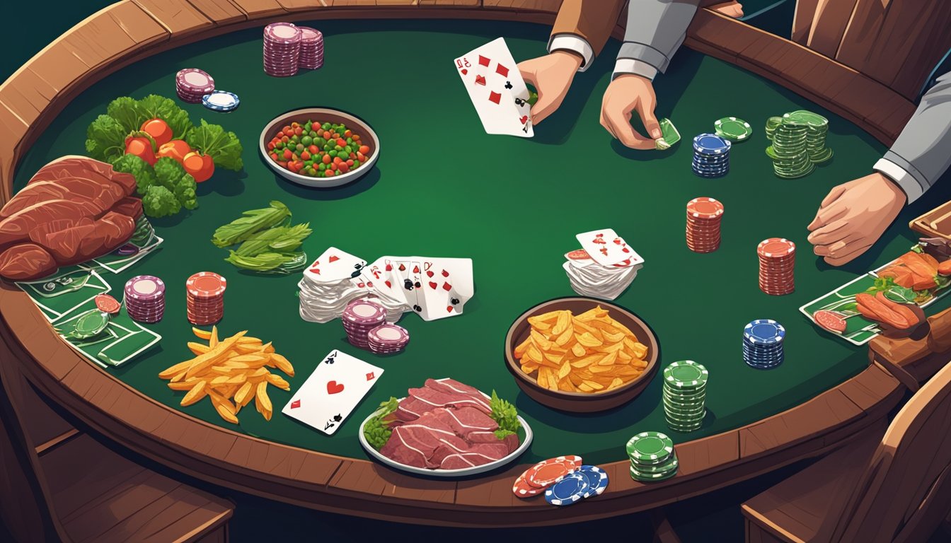 A poker table surrounded by fresh meat, fish, and vegetables, with a stack of chips and a focused player