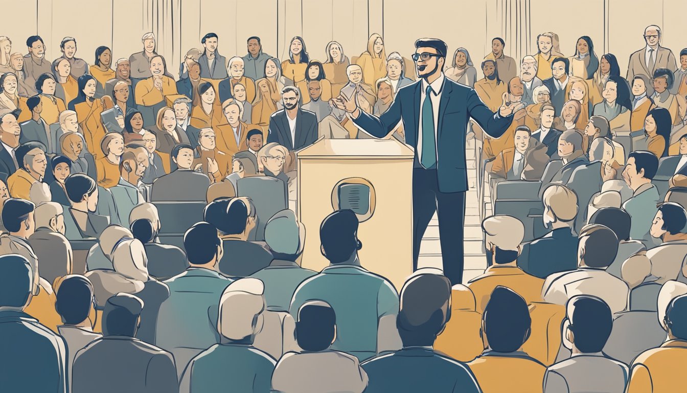 A confident public speaker stands on stage, surrounded by a crowd of attentive listeners. The speaker exudes charisma and energy, captivating the audience with their compelling words