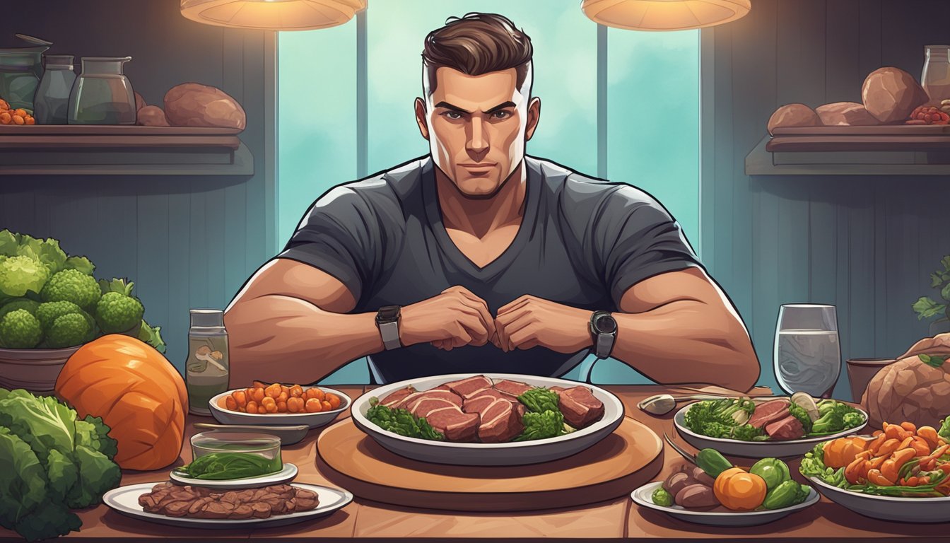 A professional poker player sitting at a table, surrounded by plates of meat and vegetables, with a focused expression and a healthy physique