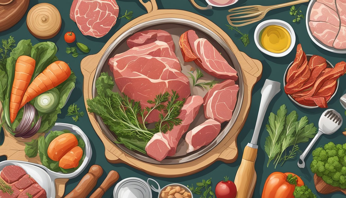 A table set with a variety of raw meats, vegetables, and herbs, surrounded by cooking utensils and a microphone