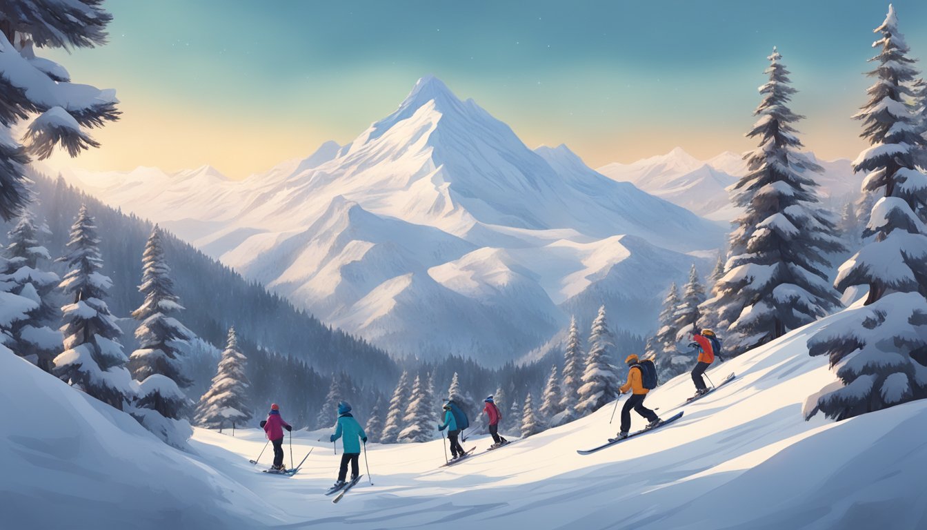 A snowy mountain landscape with skiers and snowboarders enjoying the carnivore diet, surrounded by mountains and pine trees