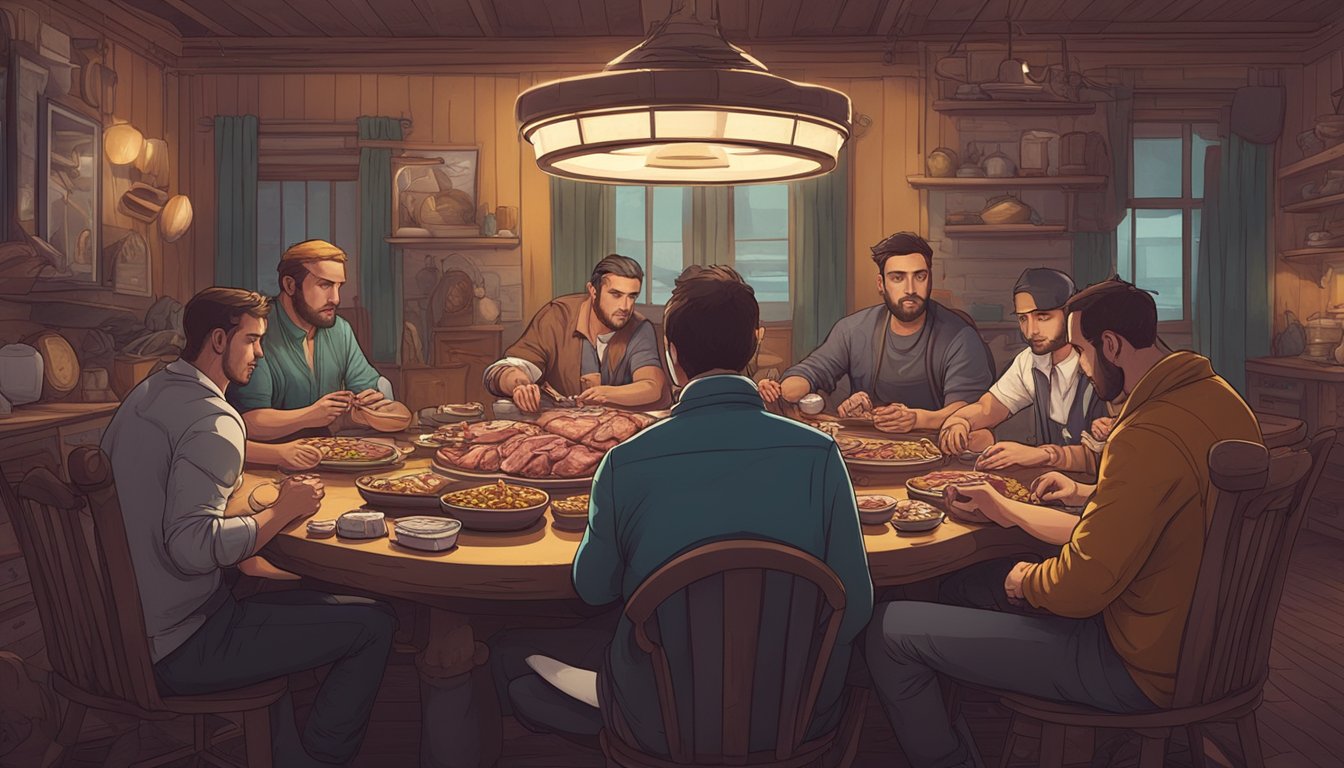 A group of poker players sit around a table, surrounded by plates of meat and animal products. They focus intently on the game, their bodies fuelled by the carnivore diet