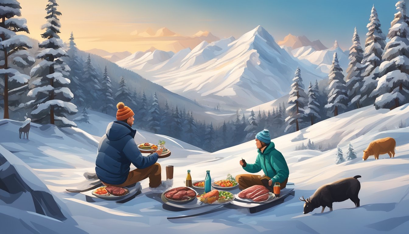 A snowy mountain landscape with a skier or snowboarder enjoying a meal of meat and animal products, surrounded by fresh snow and pine trees