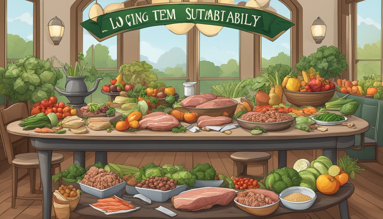 A poker table surrounded by a variety of fresh meats, vegetables, and fruits, with a banner reading "Long-Term Sustainability" above