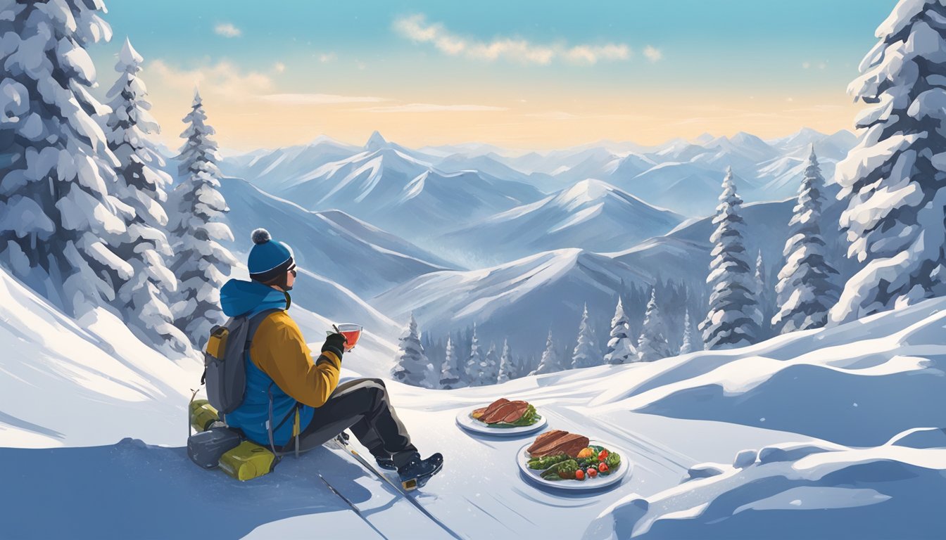 A snowy mountain slope with a skier or snowboarder enjoying a meal of meat and animal products, surrounded by snow-covered trees and a clear blue sky