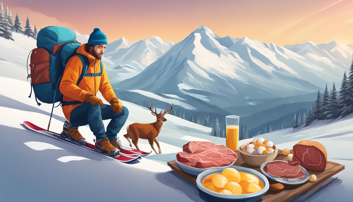 A snowy mountain landscape with a skier or snowboarder consuming animal products like meat, eggs, and dairy to fuel their high-energy activities