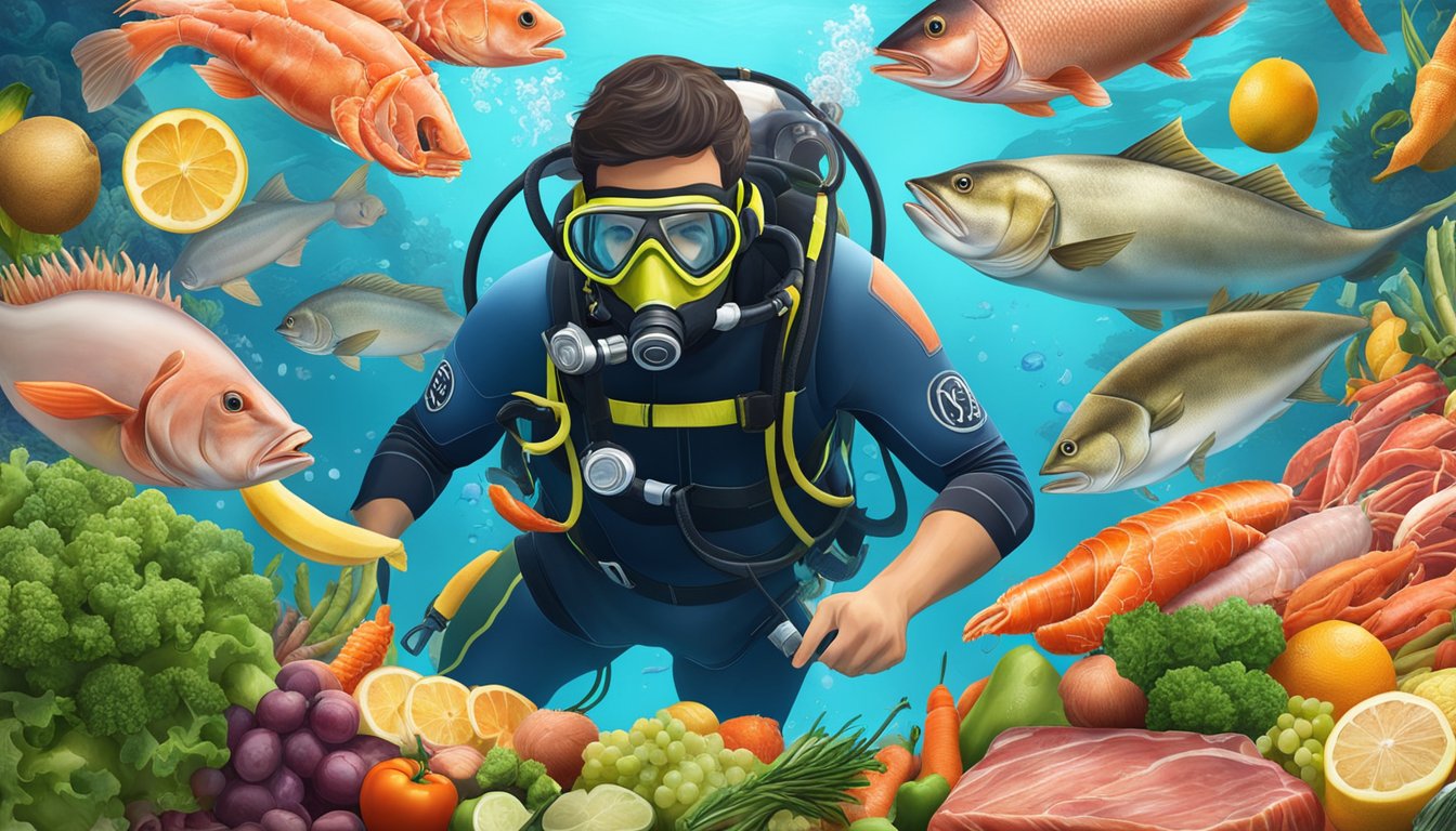 A scuba diver surrounded by an array of fresh meats and seafood, with various fruits and vegetables in the background