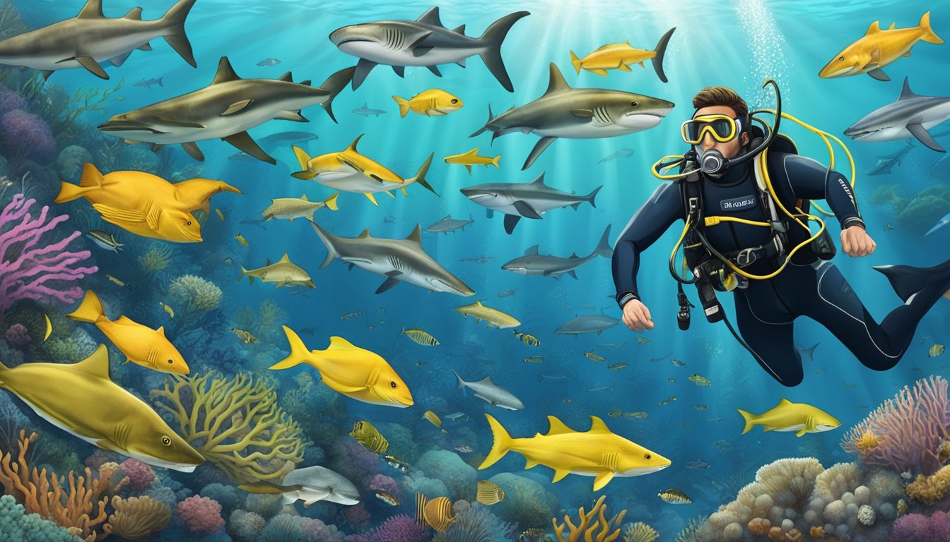 A scuba diver surrounded by a variety of carnivorous marine life, such as sharks, barracudas, and eels, while performing a dive