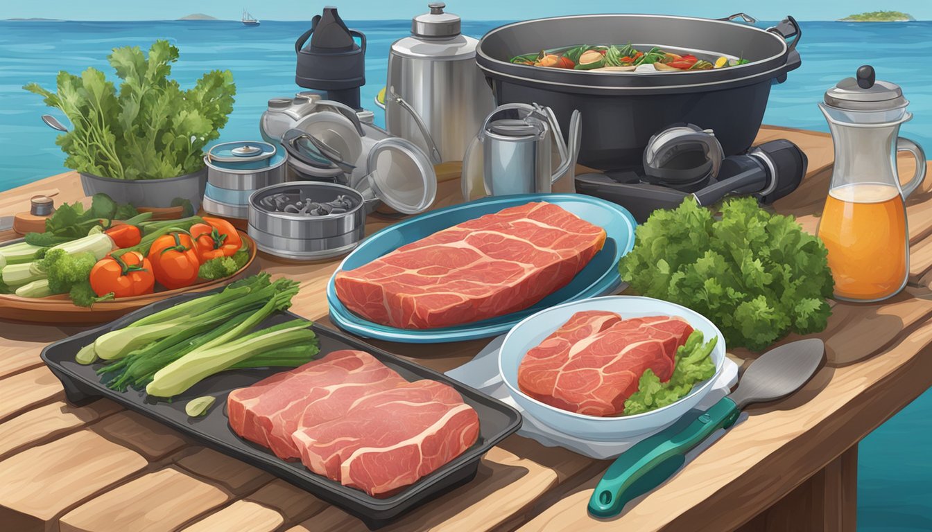 A table set with raw meats, vegetables, and cooking utensils next to scuba gear and a diving boat