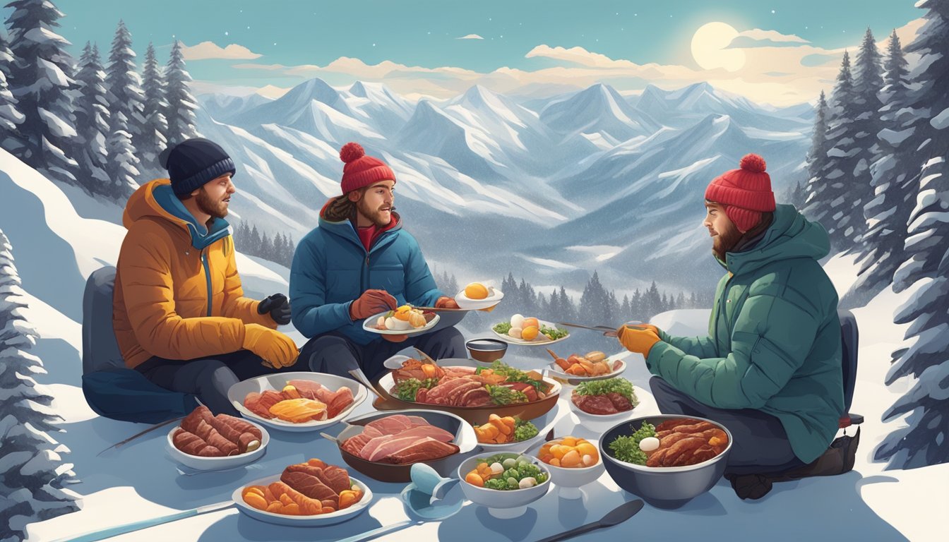 A skier and snowboarder consuming a variety of meat, fish, and eggs, surrounded by snowy mountains and pine trees