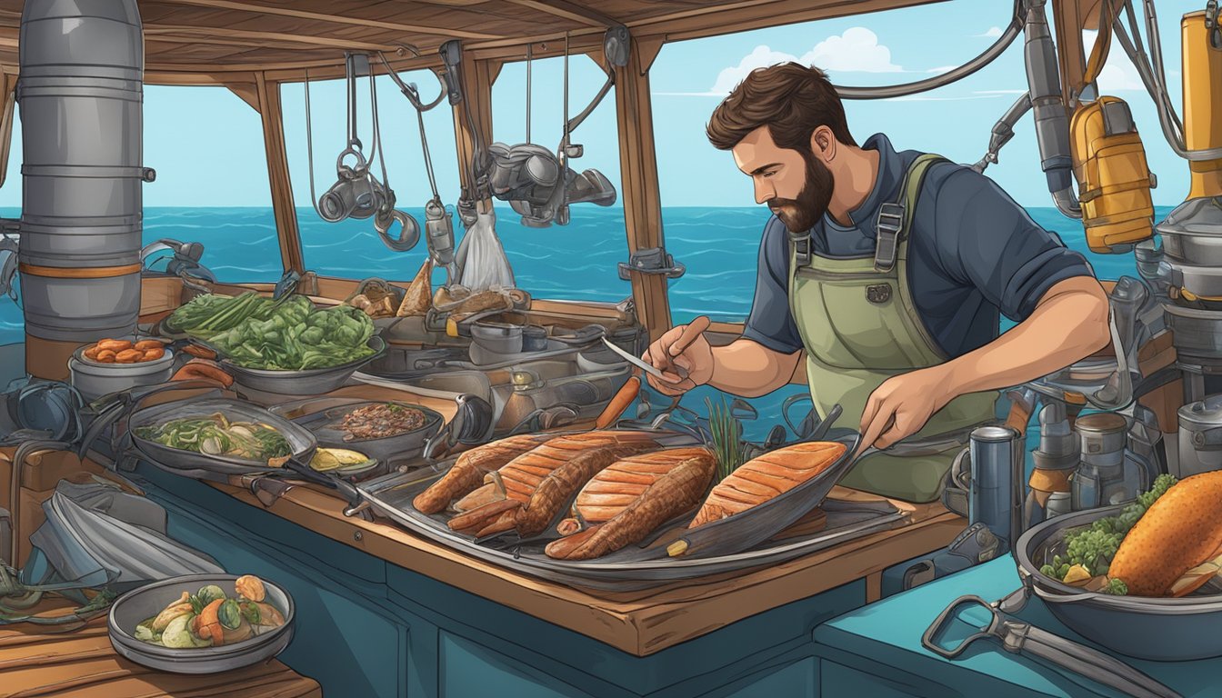 A scuba diver preparing a meal of meat and fish on a boat, surrounded by diving gear and equipment