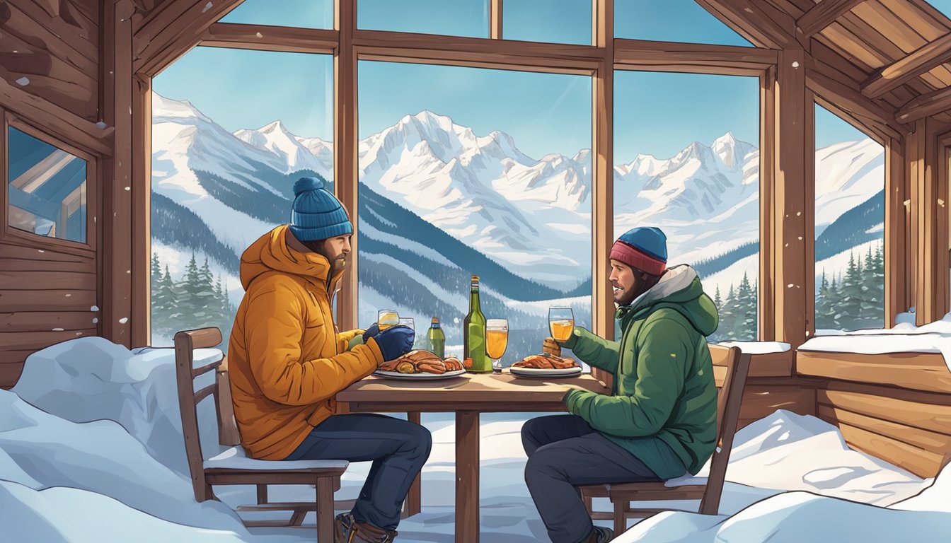 A skier and snowboarder enjoying a meal of meat and animal products in a cozy mountain lodge, with snow-covered peaks visible through the windows