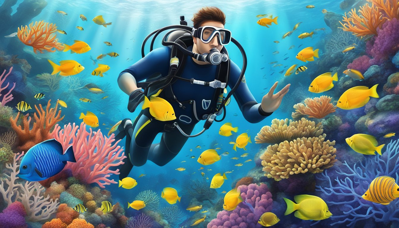 A scuba diver exploring a vibrant coral reef teeming with marine life, surrounded by crystal-clear waters and colorful fish