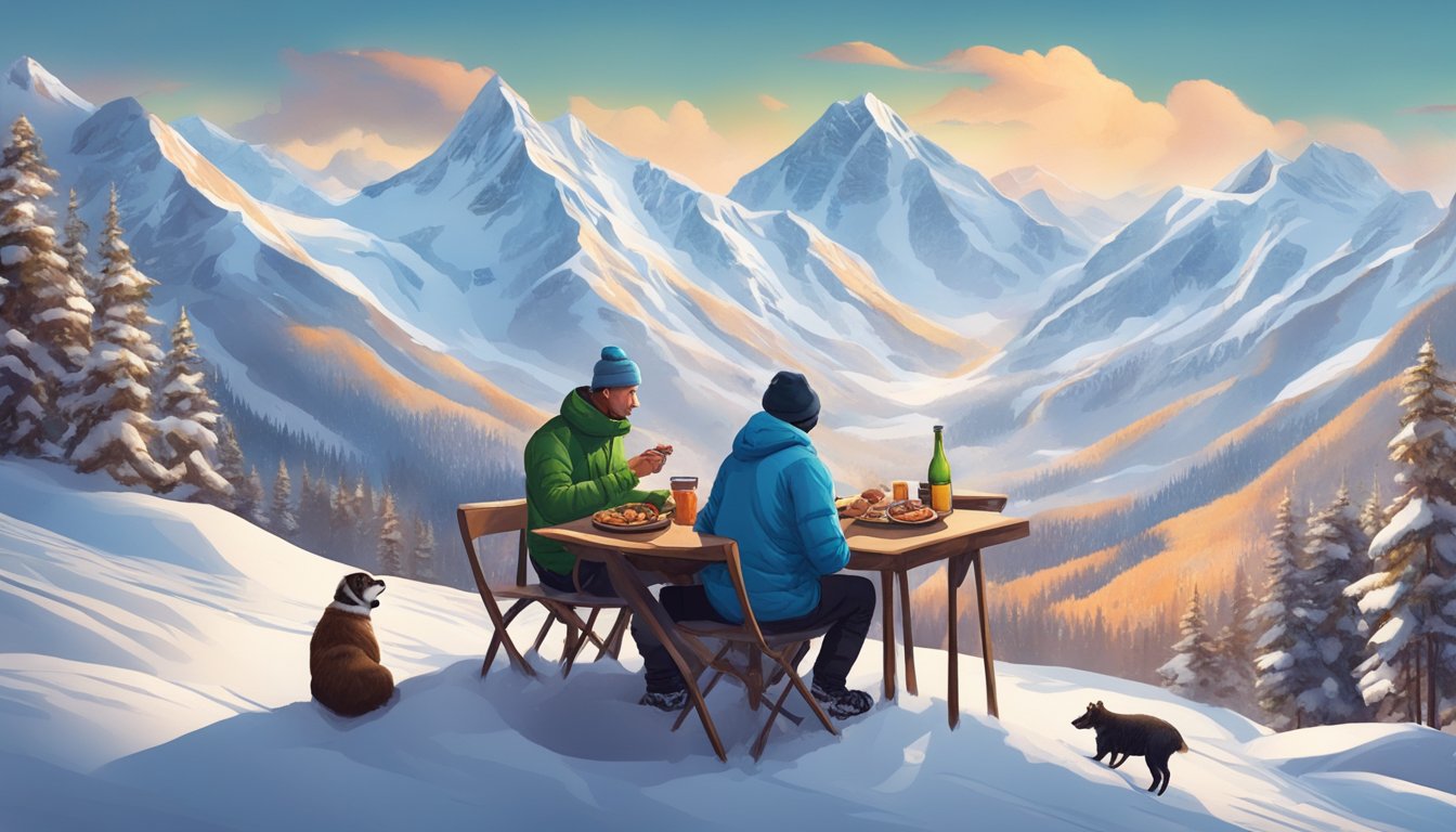 A snowy mountain landscape with a skier or snowboarder enjoying a meal of meat and other carnivore diet supplements