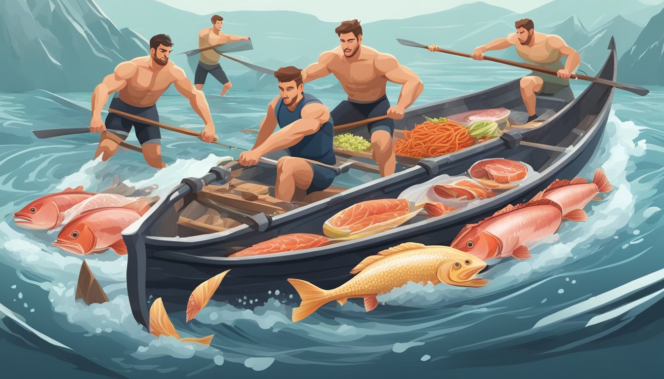 A muscular rowing boat slicing through water, surrounded by a feast of fresh, raw meat and fish. The rowers' bodies visibly lean and energized