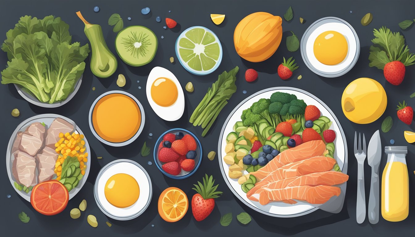 A rower's meal plan: a variety of meats, fish, and eggs, surrounded by colorful fruits and vegetables, with supplements and water nearby