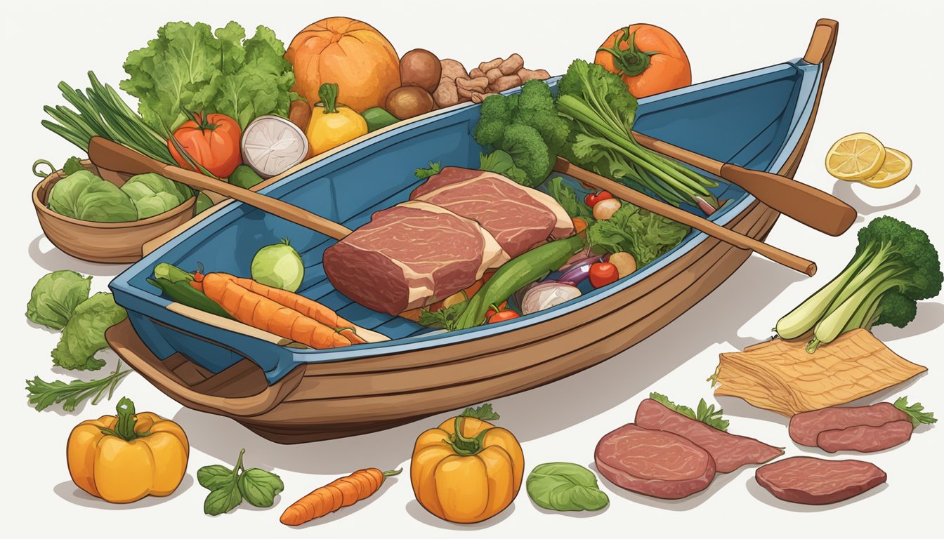 A rowing boat filled with various raw meats, vegetables, and a meal planner calendar, with a clock showing specific meal times