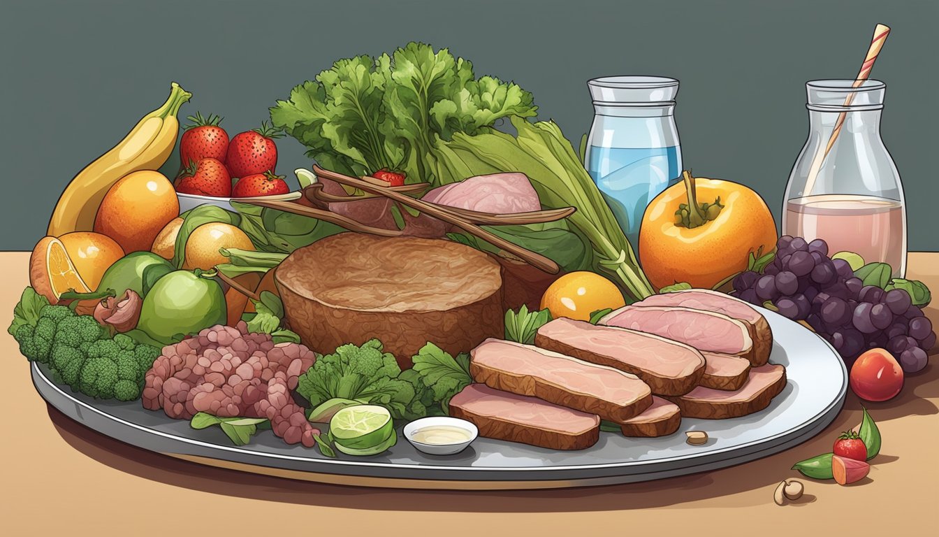 A rower's plate filled with a variety of meats and animal products, surrounded by fresh vegetables and fruits, with a glass of water on the side