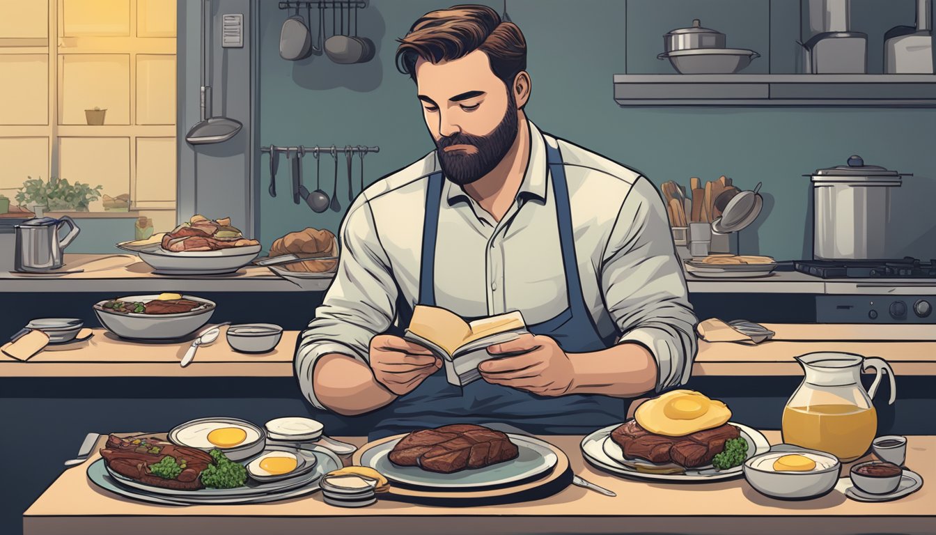 A night shift worker sits down to a meal of steak and eggs, surrounded by empty plates and a carnivore diet guidebook