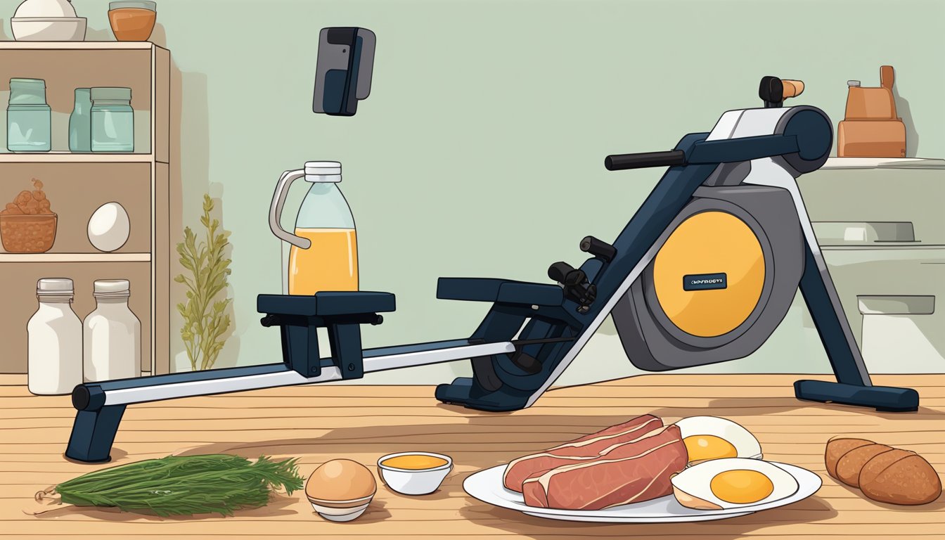 A rowing machine surrounded by raw meat, eggs, and bone broth. A rower's water bottle sits nearby