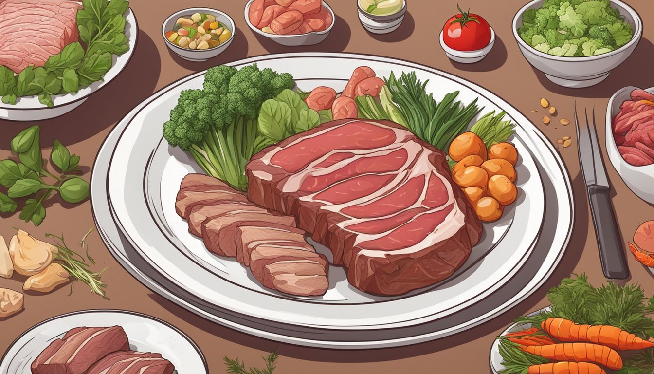 A plate with a variety of raw meats, including steak, chicken, and fish, surrounded by fresh vegetables and herbs